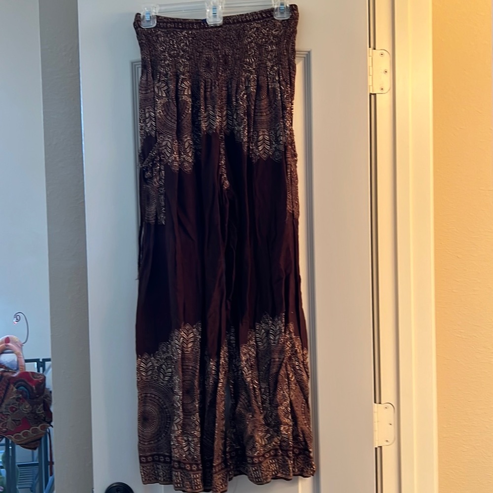 Mexicali Blues One Size Fits All, dark brown gypsy pants with tan print